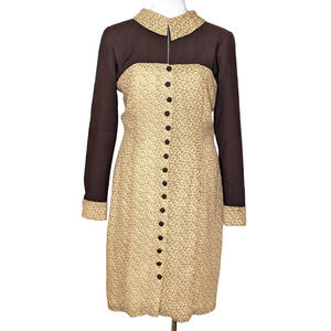 Vintage Mod Long Sleeve Collared Contrast Yoke Button Front Mini Dress Plus Size